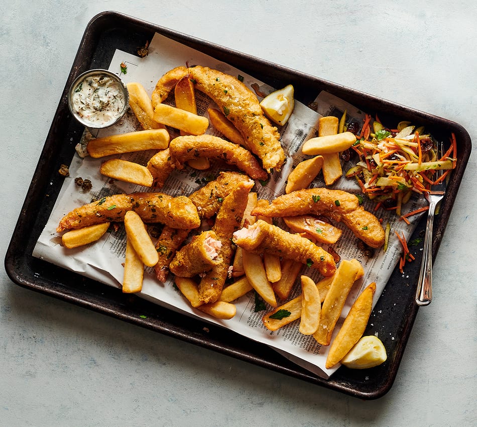 Salmon Fish and Chips With Carrot Apple Slaw